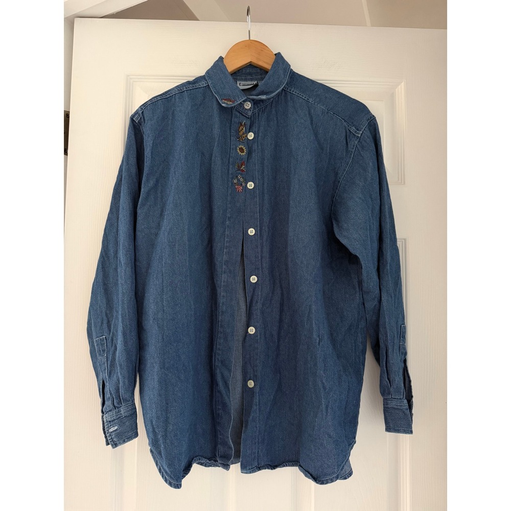VTG 90s Denim Fall Embroidered Button Down Cottagecore Mom 90s